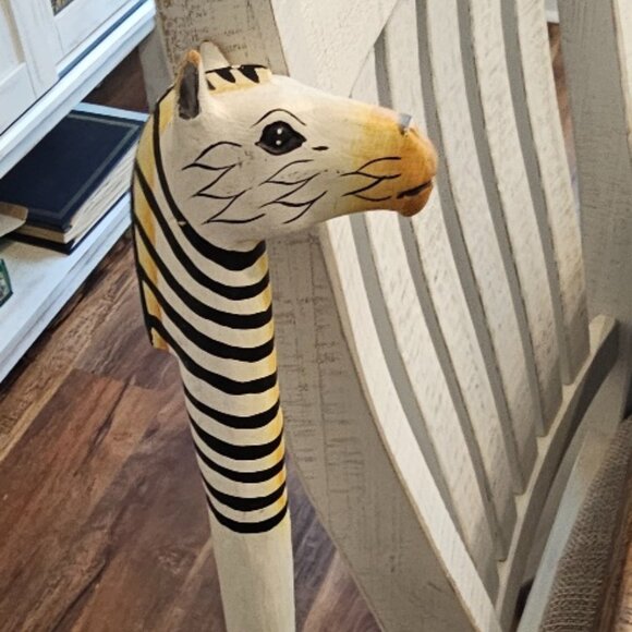 Hand Carved Wood Wooden Walking Stick Cane Zebra 40" - one ear damaged - Picture 2 of 5